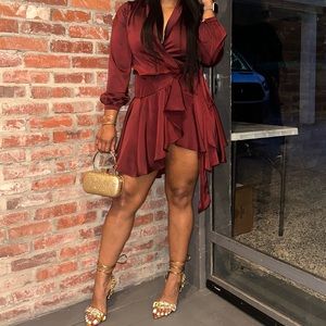 Wine Satin Wrap Dress